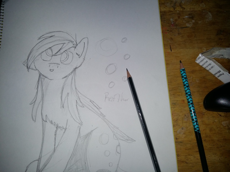 Size: 4128x3096 | Tagged: safe, artist:beatsubi, derpibooru import, derpy hooves, pegasus, pony, bubble, cute, draw, drawing, female, mare, monochrome, pencil drawing, scratches, scratching, solo, traditional art