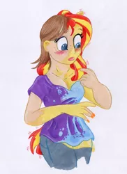 Size: 800x1100 | Tagged: safe, artist:foxxy-arts, derpibooru import, sunset shimmer, human, equestria girls, blushing, breasts, cleavage, female, ponied up, solo, transformation
