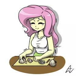 Size: 1000x1000 | Tagged: safe, artist:acesrockz, derpibooru import, fluttershy, equestria girls, breasts, busty fluttershy, clothes, crying, cutting, cutting board, eyes closed, female, food, knife, onion, simple background, solo, table, tanktop, teary eyes, white background