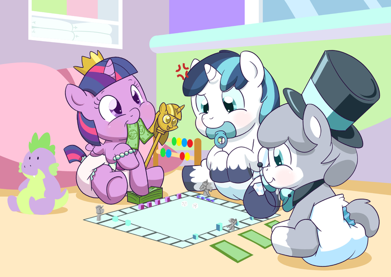 Size: 1248x883 | Tagged: questionable, artist:artiecanvas, derpibooru import, shining armor, spike, twilight sparkle, twilight sparkle (alicorn), oc, alicorn, pony, age regression, baby, baby pony, babying armor, babylight sparkle, cute, diaper, diaper fetish, foal, monopoly, pacifier, scepter, shining adorable, twiabetes, twilight scepter