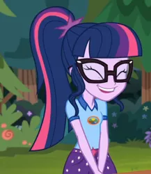 Size: 524x604 | Tagged: safe, derpibooru import, screencap, sci-twi, twilight sparkle, equestria girls, legend of everfree, ^^, clothes, cropped, cute, eyes closed, giggling, glasses, ponytail, solo, twiabetes