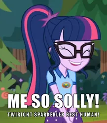 Size: 524x604 | Tagged: safe, deleted from derpibooru, derpibooru import, edit, edited screencap, screencap, sci-twi, twilight sparkle, equestria girls, legend of everfree, ^^, asian, cute, engrish, exploitable meme, eyes closed, giggling, glasses, image macro, meme, misspelling, ponytail, racism, simpsons did it, solo, the simpsons, twiabetes
