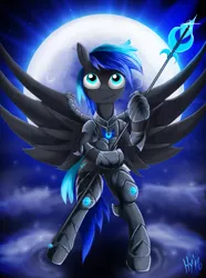 Size: 873x1175 | Tagged: anthro, armor, artist:jphyperx, derpibooru import, flying, full moon, moon, oc, oc:nightwolf, pegasus, safe, semi-anthro, solo, spear, spread wings, standing, unofficial characters only, weapon, wings