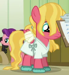 Size: 288x312 | Tagged: safe, derpibooru import, screencap, filthy rich, spoiled rich, sunset dawn, pony, where the apple lies, bandage, clipboard, filly, hospital gown, injured, spoiled milk, spoilthy