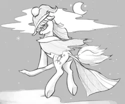 Size: 1000x830 | Tagged: dead source, safe, artist:graboiidz, derpibooru import, twilight sparkle, broom, cape, clothes, cloud, flying, flying broomstick, grayscale, image, looking at you, looking back, monochrome, moon, night, night sky, png, smiling, solo, stars, underhoof