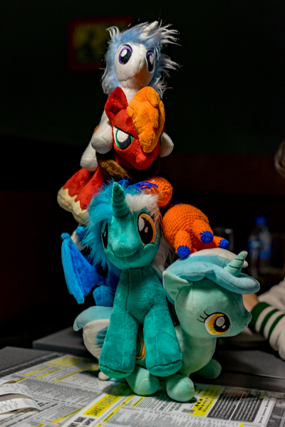 Size: 4000x6000 | Tagged: artist needed, safe, artist:valmiiki, derpibooru import, big macintosh, lyra heartstrings, princess ember, oc, dragon, earth pony, pony, irl, male, photo, plushie, rubronycon, stallion