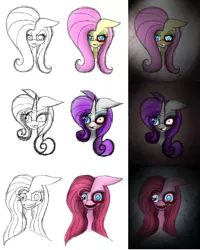 Size: 2384x2984 | Tagged: semi-grimdark, artist:darkbellnight, derpibooru import, fluttershy, pinkie pie, rarity, pinkamena diane pie, sketch