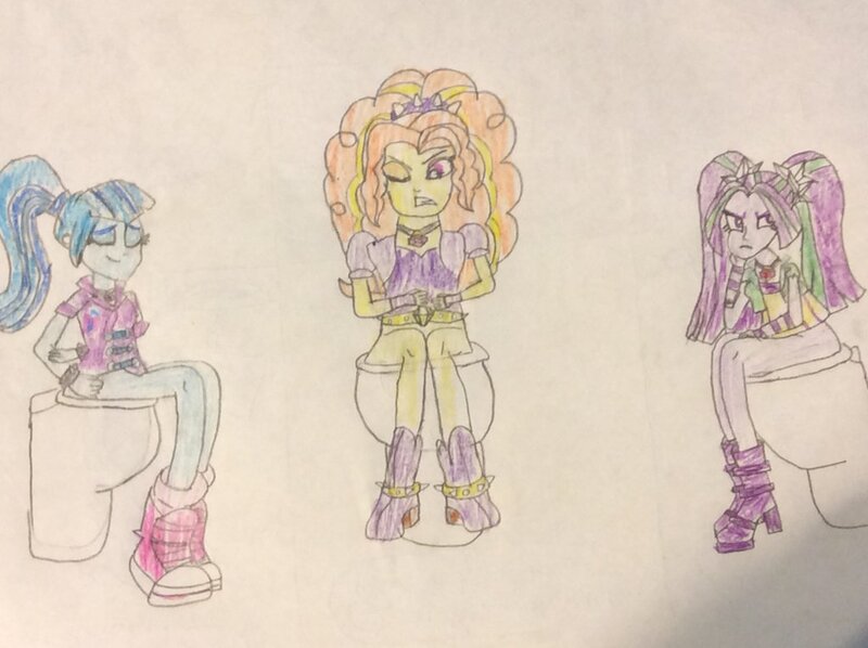 Size: 1024x765 | Tagged: adagio dazzle, aria blaze, artist:goofermutt, bottomless, but why, clothes, derpibooru import, diarrhea, implied scat, nudity, shoes, sneakers, sonata dusk, suggestive, taco wednesday, the dazzlings, toilet