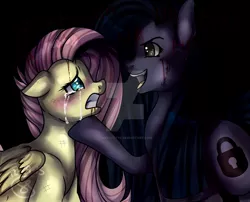 Size: 1024x826 | Tagged: abuse, artist:starshame, blood, crying, derpibooru import, flutterbuse, fluttershy, oc, oc:minkie pie, semi-grimdark, watermark