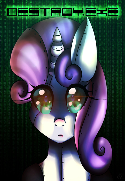 Size: 713x1036 | Tagged: safe, artist:starshame, derpibooru import, sweetie belle, pony, robot, robot pony, unicorn, abstract background, bust, destroy, female, filly, looking at you, portrait, solo, sweetie bot, text, the matrix