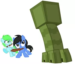 Size: 1140x978 | Tagged: safe, artist:starshame, derpibooru import, oc, pegasus, pony, colt, creeper, crossover, diamond pickaxe, female, filly, foal, male, minecraft, mouth hold, pickaxe, simple background, sword, weapon, white background, wooden sword