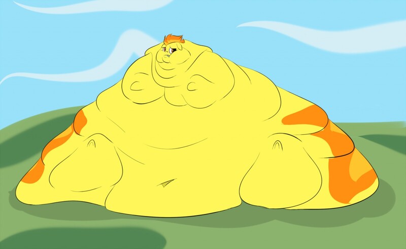 Size: 1280x784 | Tagged: artist:astr0zone, bingo wings, blob, chubby cheeks, derpibooru import, double chin, fat, female, huge butt, immobile, impossibly large butt, impossibly large everything, impossibly obese, large butt, morbidly obese, neck roll, obese, questionable, rolls of fat, solo, solo female, spitfatty, spitfire, triple chin