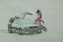 Size: 5184x3456 | Tagged: safe, artist:bumskuchen, derpibooru import, twilight sparkle, twilight sparkle (alicorn), alicorn, pony, back to the future, bttf, delorean, dmc delorean, solo, traditional art