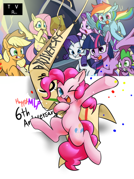 Size: 1200x1600 | Tagged: safe, artist:renokim, derpibooru import, applejack, fluttershy, pinkie pie, rainbow dash, rarity, spike, starlight glimmer, twilight sparkle, twilight sparkle (alicorn), alicorn, earth pony, pegasus, pony, unicorn, anniversary, banner, confetti, fourth wall, happy birthday mlp:fim, mane seven, mane six, mlp fim's sixth anniversary, one eye closed, scared, wink