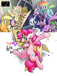 Size: 1200x1600 | Tagged: safe, artist:renokim, derpibooru import, applejack, fluttershy, pinkie pie, rainbow dash, rarity, spike, starlight glimmer, twilight sparkle, twilight sparkle (alicorn), alicorn, earth pony, pegasus, pony, unicorn, anniversary, banner, confetti, fourth wall, happy birthday mlp:fim, mane seven, mane six, mlp fim's sixth anniversary, one eye closed, scared, wink