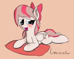 Size: 1863x1500 | Tagged: angel wings, artist:czaroslaw, blushing, bow, cute, derpibooru import, hair bow, lying down, open mouth, pillow, prone, safe, solo, sploot, top bolt
