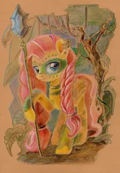 Size: 800x1148 | Tagged: alternate timeline, artist:maytee, chrysalis resistance timeline, derpibooru import, fluttershy, jungle, safe, solo, traditional art, tribalshy