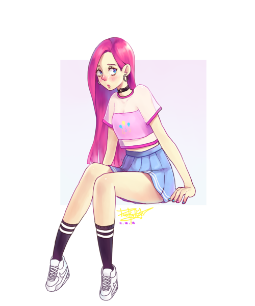 Size: 1500x1800 | Tagged: artist:pastelpig, blushing, clothes, collar, derpibooru import, ear piercing, earring, human, humanized, jewelry, legs, midriff, piercing, pinkamena diane pie, pinkie pie, pleated skirt, safe, shirt, shoes, skirt, sneakers, socks, solo, tumblr nose