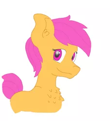 Size: 1877x2063 | Tagged: artist:andandampersand, bust, colored, derpibooru import, digital, filly, fluffy, i forgot the damn wings again, safe, scootaloo, simple background, smiling, solo, wip