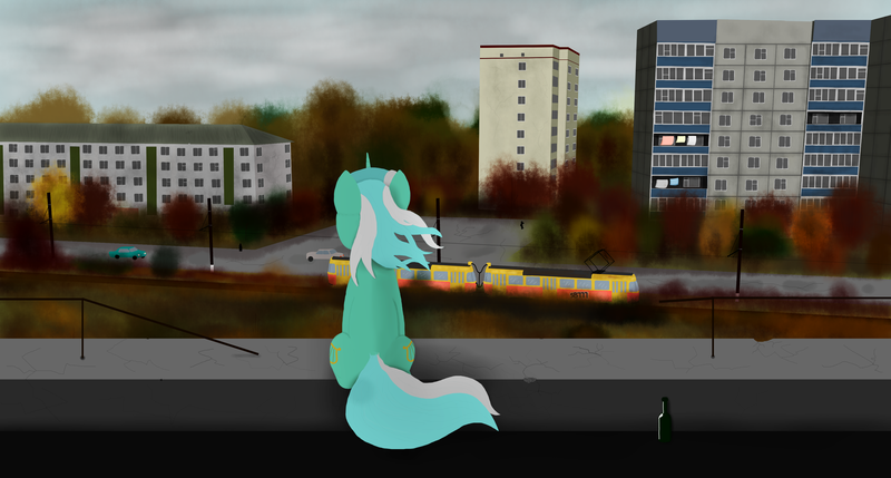 Size: 4100x2200 | Tagged: safe, artist:subway777, derpibooru import, lyra heartstrings, pony, unicorn, autumn, city, facing away, roof, russia, solo, tatra t3, tram