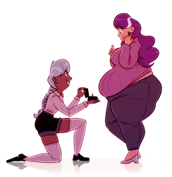 Size: 1280x1313 | Tagged: artist:secretgoombaman12345, ask chubby diamond, ass, bbw, belly, big breasts, blushing, breasts, chubby, clothes, derpibooru import, diamond tiara, engagement ring, fat, female, human, humanized, kneeling, large butt, lesbian, love, marriage proposal, obese, ring, safe, shipping, silver spoon, silvertiara, size difference, sweater, thunder thighs
