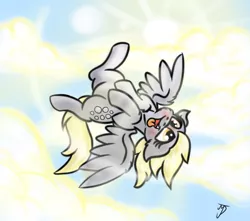 Size: 1222x1080 | Tagged: safe, artist:takutanuvataio, derpibooru import, derpy hooves, pony, blushing, cute, floppy ears, flying, silly, silly pony, sky, solo, tongue out, upside down