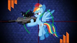 Size: 1191x670 | Tagged: safe, artist:laszlvfx, artist:ratchethun, derpibooru import, edit, rainbow dash, pegasus, pony, cutie mark, double, female, floating, flying, gun, hooves, mare, optical sight, rifle, sniper rifle, solo, spread wings, teeth, vector, wallpaper, wallpaper edit, weapon, wings