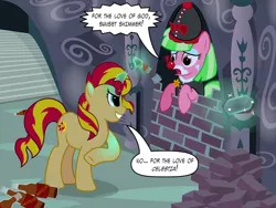 Size: 1280x960 | Tagged: semi-grimdark, artist:violetclm, derpibooru import, drama letter, sunset shimmer, watermelody, ponified, pony, equestria girls, alcohol, bricks, clown makeup, clown nose, edgar allan poe, equestria girls ponified, the cask of amontillado, wat