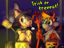 Size: 4336x3259 | Tagged: safe, artist:ralek, derpibooru import, oc, oc:digital import, oc:kribbles, unofficial characters only, earth pony, hippogriff, pony, broom, clothes, costume, devil, devil horns, fake teeth, food, halloween, hat, holiday, jack-o-lantern, nightmare night, pumpkin, pumpkin bucket, talking, talons, text, tongue out, trick or treat, witch, witch hat, young
