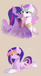 Size: 1032x1920 | Tagged: safe, artist:magnaluna, derpibooru import, princess celestia, twilight sparkle, twilight sparkle (alicorn), oc, oc:lumina, alicorn, pony, :t, boop, colored wings, colored wingtips, eye contact, female, fluffy, kissing, lesbian, lidded eyes, looking at each other, looking at you, magical lesbian spawn, noseboop, offspring, parent:princess celestia, parent:twilight sparkle, parents:twilestia, prone, shipping, smiling, spread wings, twilestia