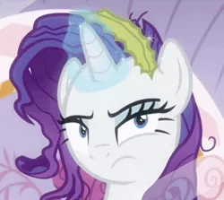 Size: 447x399 | Tagged: safe, derpibooru import, screencap, rarity, pony, unicorn, ppov, cropped, female, frown, looking at you, mare, mirror, reaction image, reflection, seaweed, solo, unamused