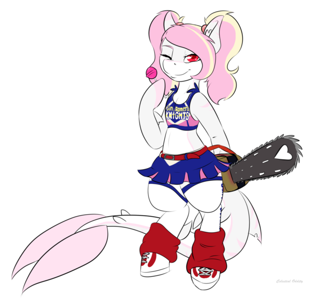 Size: 1024x969 | Tagged: safe, artist:celestialoddity, derpibooru import, oc, oc:rainy skies, unofficial characters only, original species, pony, shark, shark pony, belt, bipedal, candy, chainsaw, cheerleader, clothes, costume, food, lollipop, lollipop chainsaw, midriff, one eye closed, pigtails, shoes, skirt, sneakers, socks, solo, stockings, wink