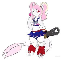 Size: 1024x969 | Tagged: safe, artist:celestialoddity, derpibooru import, oc, oc:rainy skies, unofficial characters only, original species, pony, shark, shark pony, belt, bipedal, candy, chainsaw, cheerleader, clothes, costume, food, lollipop, lollipop chainsaw, midriff, one eye closed, pigtails, shoes, skirt, sneakers, socks, solo, stockings, wink