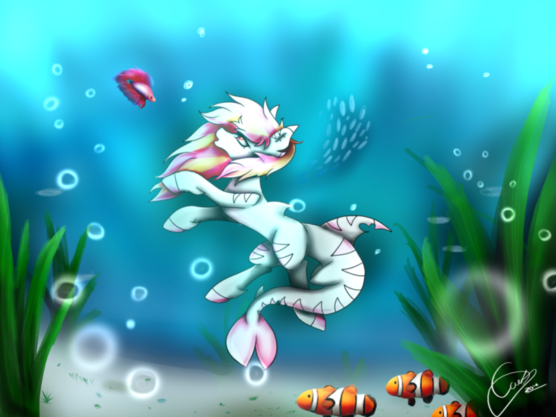 Size: 1024x768 | Tagged: artist:d-emonia, commission, derpibooru import, fish, oc, ocean, oc:rainy skies, original species, safe, shark, shark pony, swimming, underwater, unofficial characters only