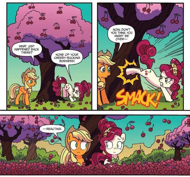 Size: 1363x1267 | Tagged: safe, artist:tonyfleecs, derpibooru import, idw, applejack, cherry jubilee, earth pony, pony, spoiler:comic, spoiler:comicff33, bucking, cherry, cherry tree, cherrybucking, comic, cropped, female, food, mare, minced oath, official comic, speech bubble, swearing, tree, vulgar