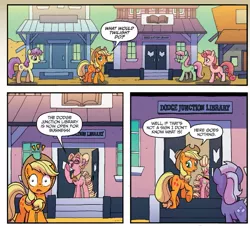 Size: 1325x1208 | Tagged: safe, artist:tonyfleecs, derpibooru import, idw, applejack, marian, earth pony, pony, spoiler:comic, spoiler:comicff33, book, comic, female, implied twilight sparkle, library, mare, official comic, that pony sure does love books