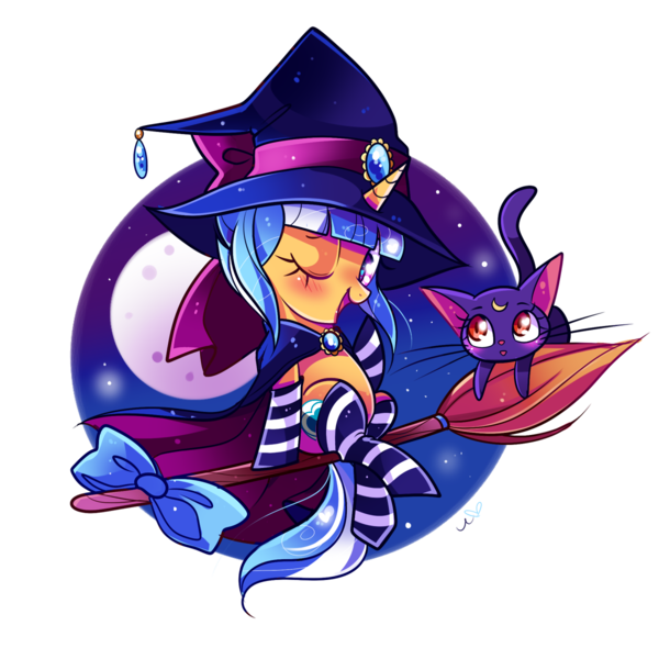 Size: 1200x1200 | Tagged: safe, artist:ipun, derpibooru import, oc, oc:passion freeze, unofficial characters only, cat, pony, blushing, bow, broom, cape, clothes, female, flying, flying broomstick, full moon, hat, heart eyes, luna (sailor moon), moon, night, night sky, one eye closed, open mouth, sailor moon, simple background, sitting, sky, smiling, socks, stars, striped socks, transparent background, wingding eyes, wink, witch, witch hat