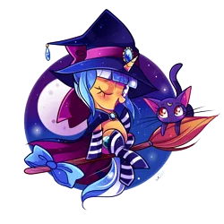 Size: 1200x1200 | Tagged: safe, artist:ipun, derpibooru import, oc, oc:passion freeze, unofficial characters only, cat, pony, blushing, bow, broom, cape, clothes, female, flying, flying broomstick, full moon, hat, heart eyes, luna (sailor moon), moon, night, night sky, one eye closed, open mouth, sailor moon, simple background, sitting, sky, smiling, socks, stars, striped socks, transparent background, wingding eyes, wink, witch, witch hat