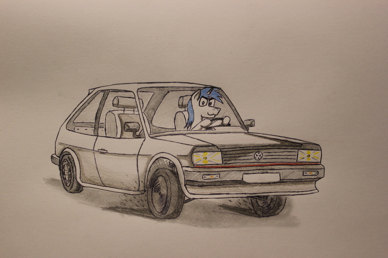 Size: 5184x3456 | Tagged: safe, artist:bumskuchen, derpibooru import, oc, oc:shifting gear, unofficial characters only, pony, unicorn, 86c, :3, burnout, car, driving, glare, hoof hold, looking at you, male, polo86c, smiling, smirk, stallion, traditional art, volkswagen, volkswagen polo