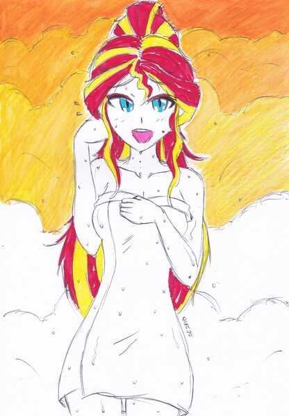 Size: 2421x3492 | Tagged: suggestive, artist:dragonemperror2810, derpibooru import, sunset shimmer, equestria girls, after shower, bathtowel, breasts, cleavage, female, naked towel, open mouth, solo, solo female, towel