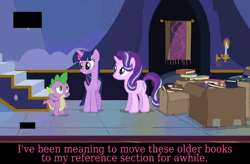 Size: 844x552 | Tagged: safe, derpibooru import, edit, edited screencap, screencap, spike, starlight glimmer, twilight sparkle, twilight sparkle (alicorn), alicorn, dragon, pony, unicorn, to where and back again, animated, banner, book, box, candle, caption, cute, female, friendship, gif, glimmerbetes, male, mare, mountain, painting, raised hoof, slideshow, smiling, stairs, student, talking, teacher, text, twiabetes, twilight's castle