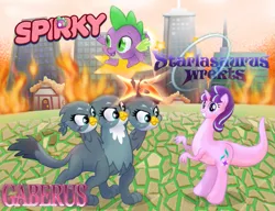 Size: 933x716 | Tagged: cerberus, crossover, derpibooru import, dinosaur, dinosaurified, gabby, kirby, kirby (character), kirbyfied, kirby spike, multiple heads, not salmon, random, safe, species swap, spike, starlight glimmer, three heads, tyrannosaurus rex, versus, wat