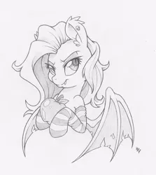 Size: 893x1000 | Tagged: safe, artist:dfectivedvice, derpibooru import, fluttershy, bat pony, pony, apple, bust, clothes, flutterbat, food, grayscale, monochrome, race swap, simple background, socks, solo, striped socks, traditional art, white background