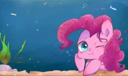 Size: 512x308 | Tagged: safe, artist:naginiko, derpibooru import, pinkie pie, fish, cute, diapinkes, heart eyes, looking at you, ocean, one eye closed, solo, underwater, water, wingding eyes, wink