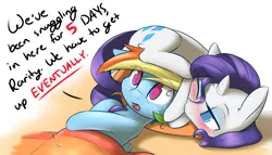 Size: 2100x1200 | Tagged: safe, artist:captainpudgemuffin, derpibooru import, rainbow dash, rarity, pegasus, pony, unicorn, bed, behaving like a cat, blanket, blushing, captainpudgemuffin is trying to murder us, cute, dashabetes, dialogue, female, hair over one eye, imma snuggle you, lesbian, lidded eyes, mare, no pupils, on back, one eye closed, open mouth, pony hat, rarara, raribetes, raricat, raridash, rarihat, shipping, simple background, snuggling, sweat, white background, wide eyes, wink