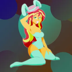 Size: 2000x2000 | Tagged: suggestive, artist:7los7, derpibooru import, sunset shimmer, equestria girls, armpits, bunny ears, bunny suit, clothes, female, grin, hat, leotard, playboy, playboy bunny, sitting, smiling, socks, solo, solo female, thigh highs