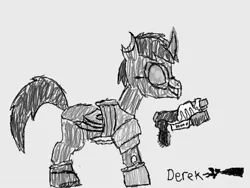 Size: 640x480 | Tagged: armor, art academy, artist:derek the metagamer, changeling, changeling oc, derpibooru import, digital art, doomcolt, doomguy, dragoning, grayscale, monochrome, oc, oc:emerald rook, pencil, safe, solo, super soaker, unofficial characters only, wings
