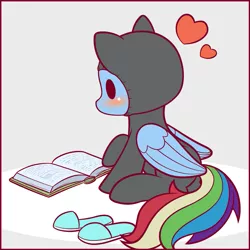 Size: 1125x1125 | Tagged: safe, artist:symbianl, derpibooru import, part of a set, rainbow dash, read it and weep, blushing, book, catsuit, chibi, clothes, cute, dashabetes, heart, part of a series, reading, slippers, solo, symbianl is trying to murder us, symbianl's chibis