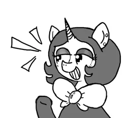 Size: 640x600 | Tagged: safe, artist:ficficponyfic, derpibooru import, oc, oc:joyride, unofficial characters only, pony, unicorn, colt quest, adult, bowtie, bust, clothes, ear piercing, eyeshadow, female, grayscale, grin, horn, leggings, lidded eyes, makeup, mantle, mare, monochrome, piercing, simple background, smiling, solo, story included, white background