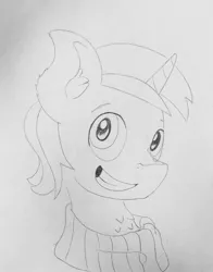 Size: 1579x2012 | Tagged: safe, artist:andandampersand, derpibooru import, oc, oc:cyan lightning, unofficial characters only, pony, unicorn, bust, clothes, fluffy, lines, monochrome, portrait, scarf, smiling, solo, traditional art